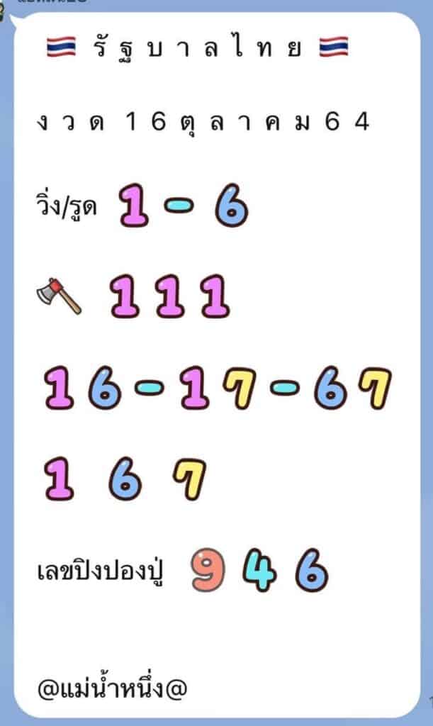 เลขเด็ดแม่น้ำหนึ่ง หวยรัฐบาล งวดวันที่ 16/10/64