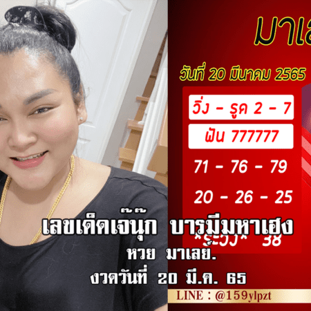 หวยมาเลย์แม่นๆ วันนี้ ของ “เจ๊นุ๊ก บารมีมหาเฮง” งวดวันที่ 20/3/65