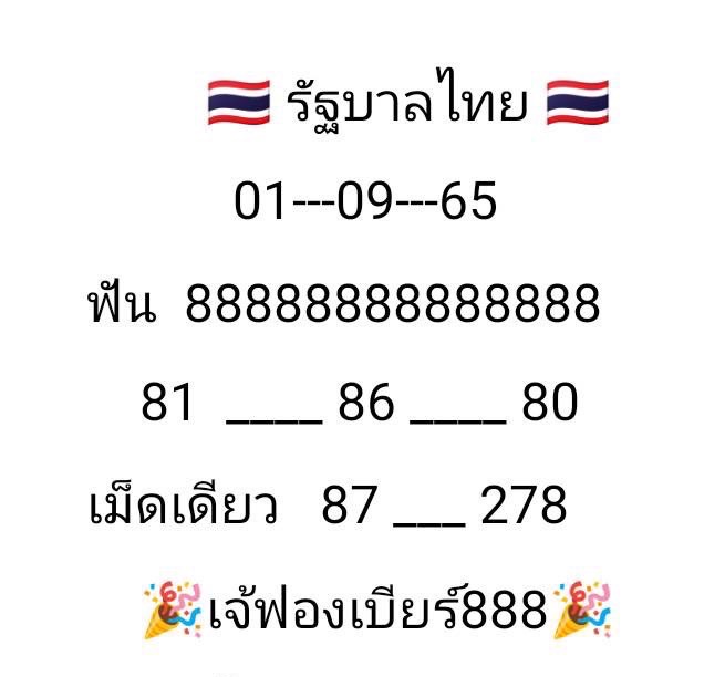 ภาพเลขเด็ดเจ้ฟองเบียร์ จากเพจ  เพจ “เจ๊ฟองเบียร์ 888” หวยรัฐบาล งวดวันที่ 1/9/65